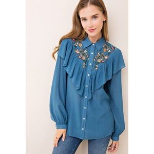 Embroidered Button Up Blouse with Ruffle